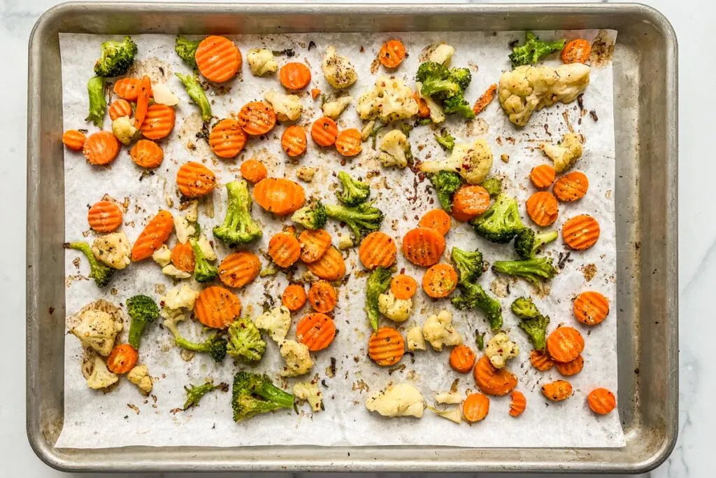 Roasted California blend vegetables after coming out of the oven.