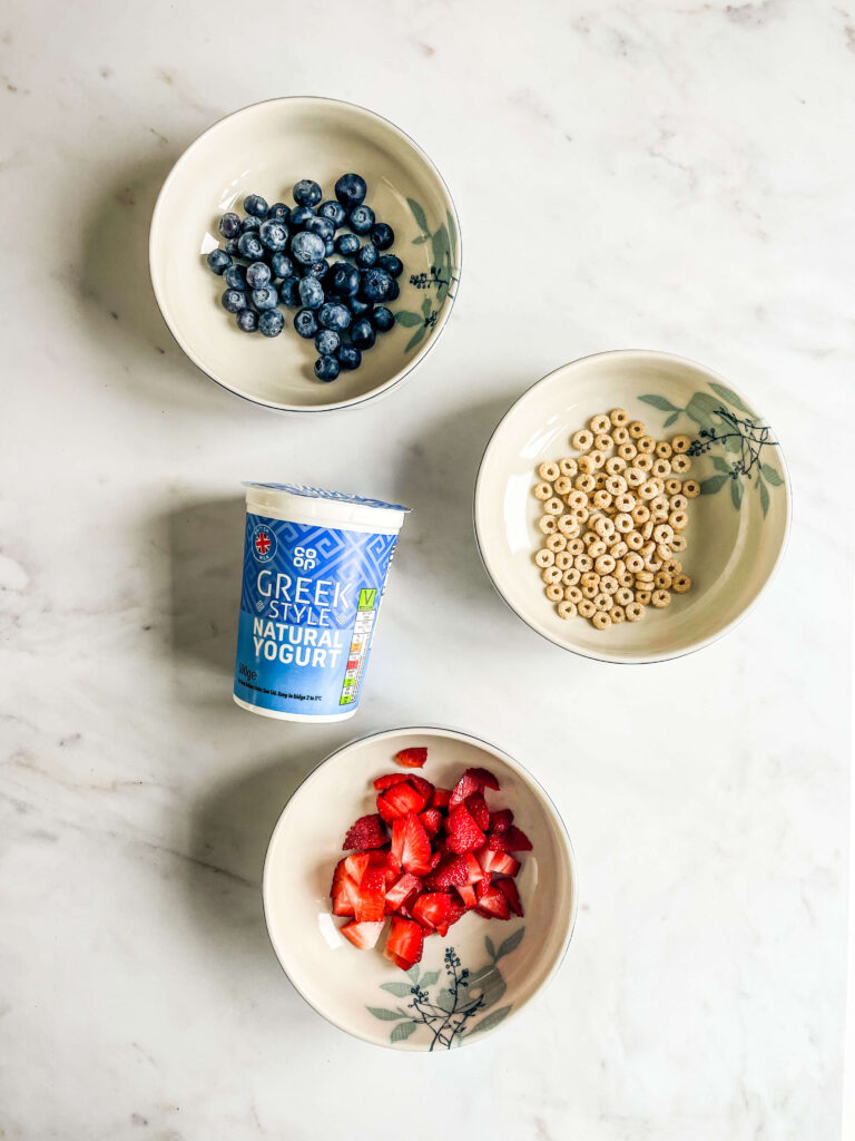 yogurt, berries and cereal - Frozen Greek Yogurt Breakfast Bark ingredients